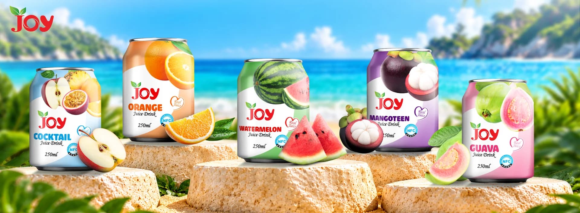 JOY real fruit juice drinks with tropical fruit