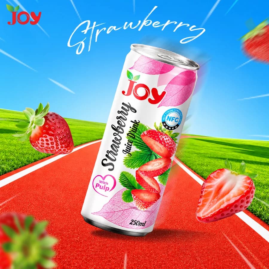 JOY strawberry drink in a colourful strawberry setting